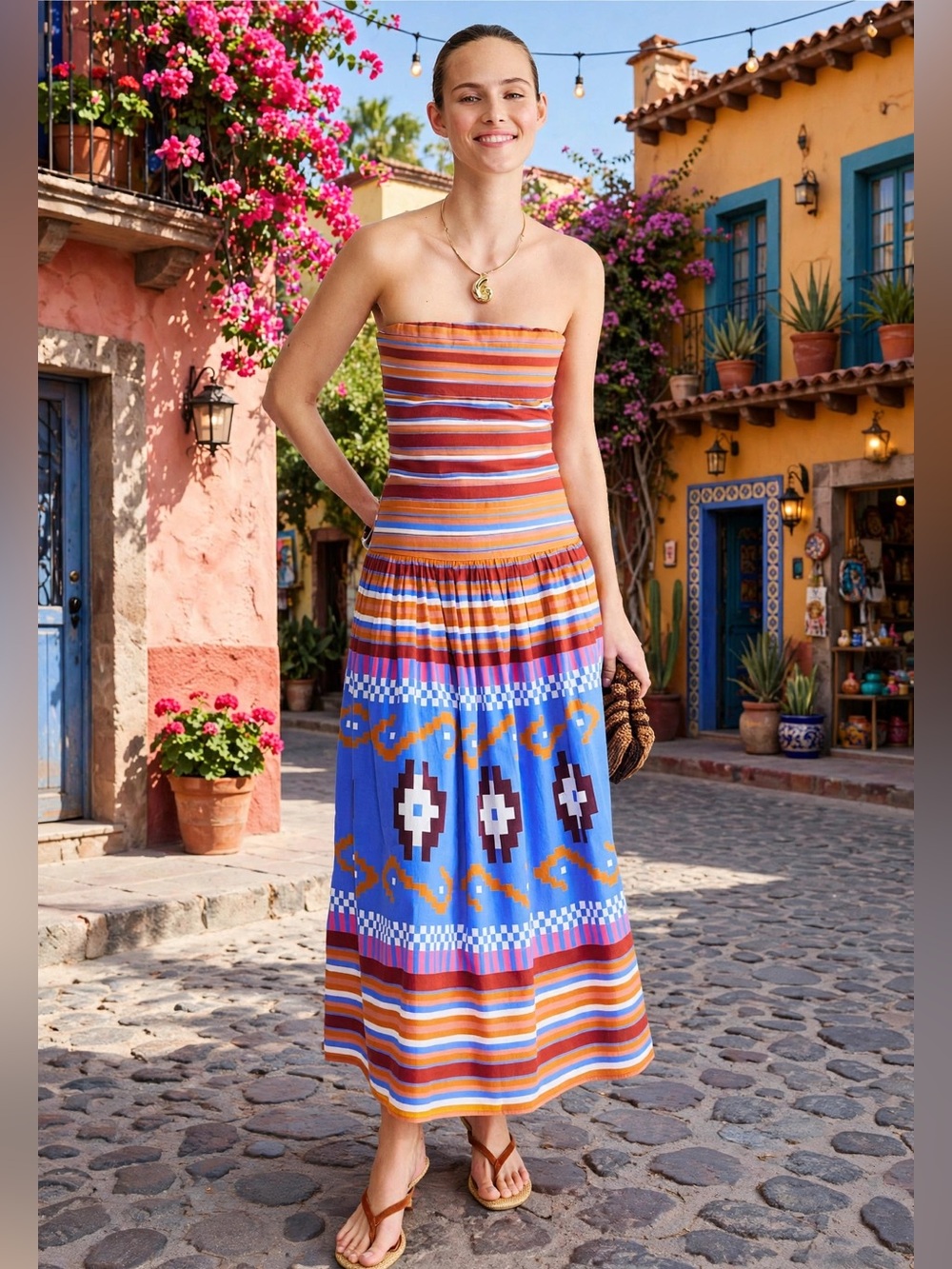 CAROLINA K Malla Dress Striped Strapless Midi Dress in Blue and Orange size XS